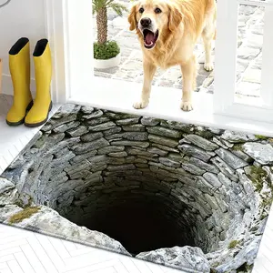 Stone Built Water Well 3D Visual Flat Pattern Design Floor Mat for Household Bathroom Door, Absorbent and Non Slip Foot Mat