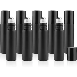 10 count 10ml Frosted Roller Bottle for Essential Oils,Empty Glass Roll- Vials with Stainless Steel Roller Ball,Metal Lid Perfume Sample Oil Container-Opener&Dropper Included,Black