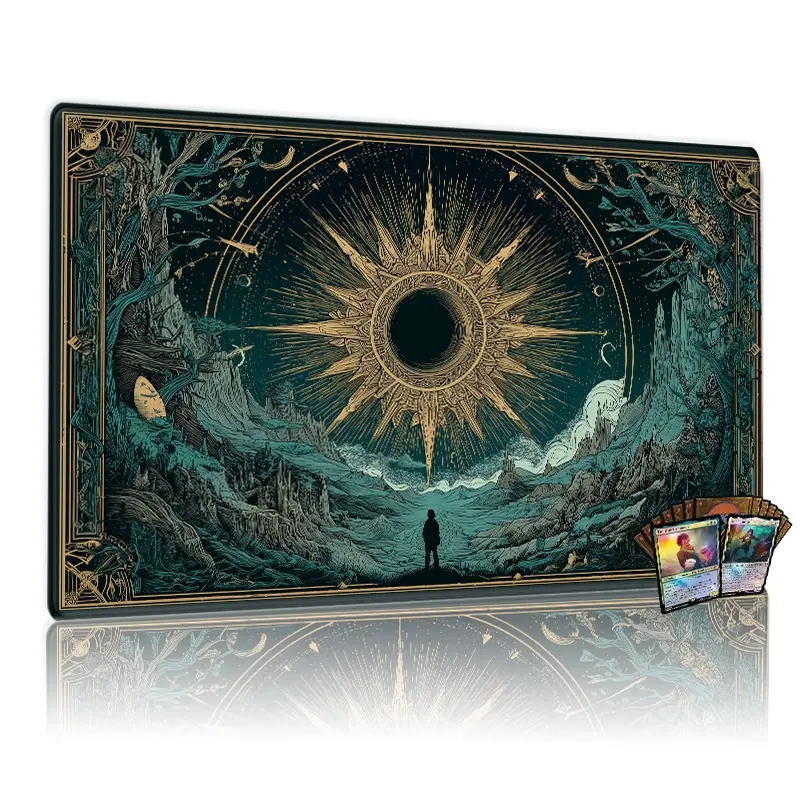 TCG, MTG, CCG RPG trading card game MATS, mystical golden sunburst over dark fantasy mountains, lone figure gazing, 14×24 inches, anti-slip, washable, tabletop playmat, desk decor, gaming items, Gaming Mouse Pads