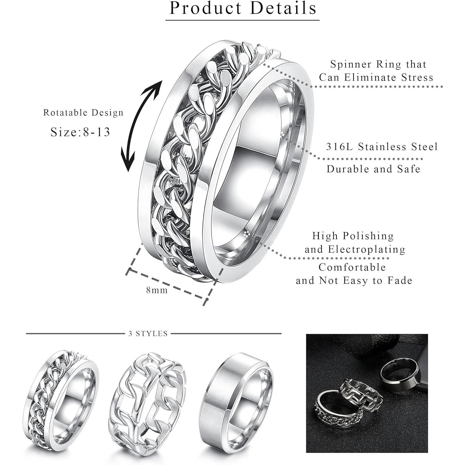 Jstyle Mens Rings 3count Rings for Men Women Stainless Steel Plain Band Ring Cuban Link Chain Rings Spinner Ring Men's Promise Wedding Rings Set,Size 6-14