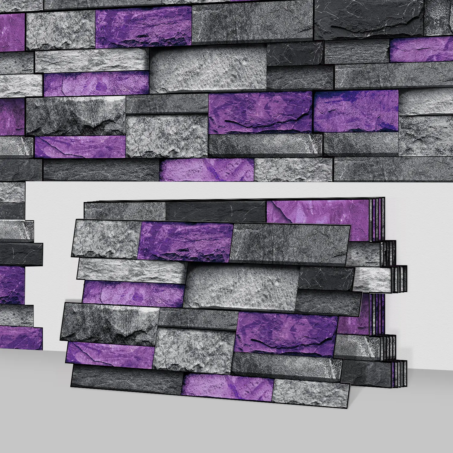 12/24/48PCS PVC Crystal Film Purple-Gray Contrast Stone-Like Mosaic Tile Decorative Stickers | Home Decor Waterproof for Kitchen Bathroom Wall (XY-HTP) Decorative Tiles Stickers