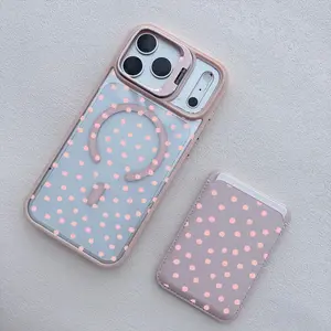 Pink Polka Dot Clear MagSafe Compatible Phone Case & Magnetic Card Holder Wallet, Shockproof Protective Cover for iPhone 17/16 Pro Max Black