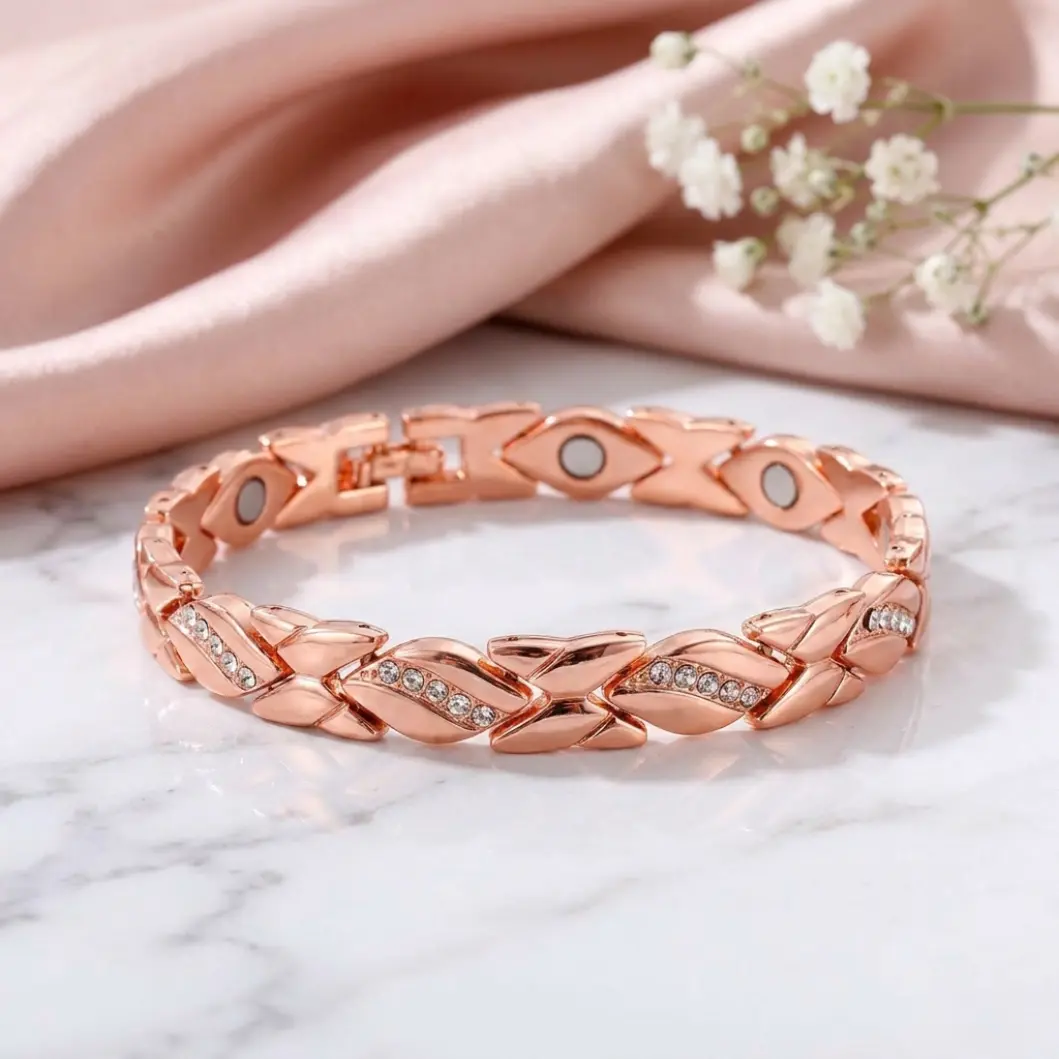 Women's leaf bracelet, pure copper magnetic bracelet with diamonds, 3500 gauss effective magnet, outdoor fun