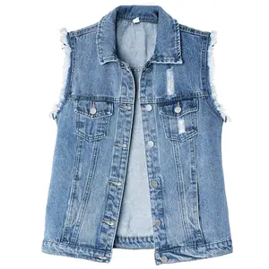Ebossy Women's Candy Color Slim Fit Sleeveless Distressed Denim Jean Vest Jacket with Button-Flap Chest Pockets & Side Seam Pockets