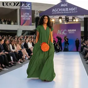 UOOZEE Women's Bright Loose Short Sleeve Pleated Pocket Solid Color Slit V-Neck Maxi Dress Summer Casual Basic Cotton Blend Machine Washable Holiday Dress (Size is one size larger, it is recommended to order one size smaller)