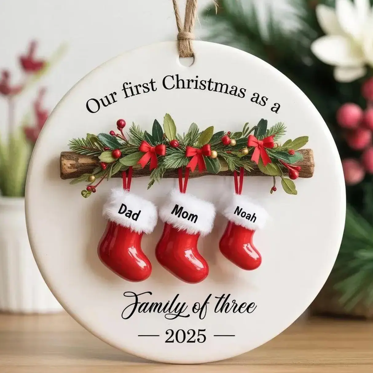 Personalized Family of Three Ceramic Christmas Ornament 2025, Custom New Family Ornament, Baby's First Christmas Ornament UGR
