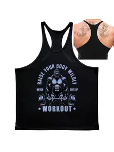 Men's Y-Back Gym Tank Top, Gorilla Lifting Barbell "Raise Your Body Wildly" Graphic Print, Quick Dry Breathable Sleeveless Workout Stringer for Fitness Training