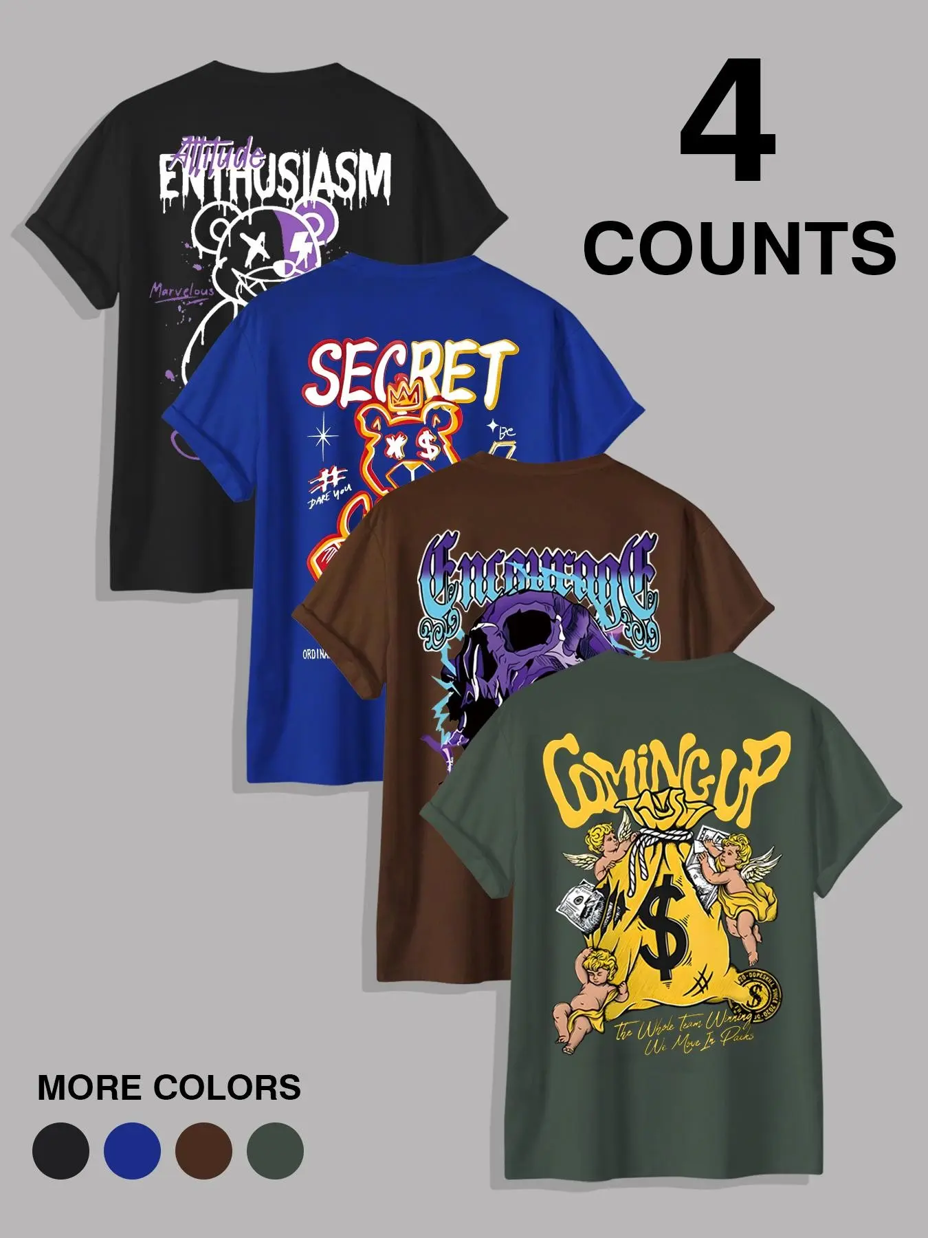 4-Pack Graffiti Teddy Bear & Angel Aesthetic Graphic Prints Short Sleeve T-Shirts | Y2K Streetwear Casual Tees Set