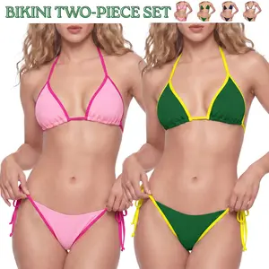 Women's Triangle Bikini Set, Adjustable Tie Halter Top & Tie Side Bottom with Contrast Trim, Removable Padded Cups, Quick Dry Swimwear for Beach Pool