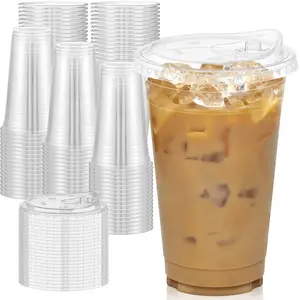 24 Oz Iced Coffee Cup with Lid, Transparent Plastic Disposable Cups, Straw-Free Reusable Cups for Parties, Weddings & Events, Clear Plastic Cups