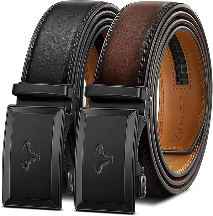 BULLIANT Men Ratchet Belt 2 Pack, Sliding Leather Belt with Adjustable Buckle for Men Dress Casual Jeans 1 3/8,Trim to Fit, Gift for Men