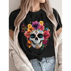 Women's Mexican Day of the Dead T-Shirt - Black Background with Colorful Print Sugar Skull - Soft Crew Neck Casual Summer Tee for Halloween, Dia de los Muertos, Casual Attire - Machine Washable Non-See Through Festival Top, Hallow men's graphic tee