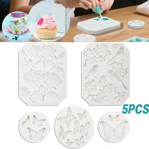 5 Pcs Butterfly Rose Flower Stems Birds Blossoms Silicone Fondant Mold, for Making Chocolate Fondant Jelly Polymer Clay Soap Crafting DIY Projects and Cake Decoration
