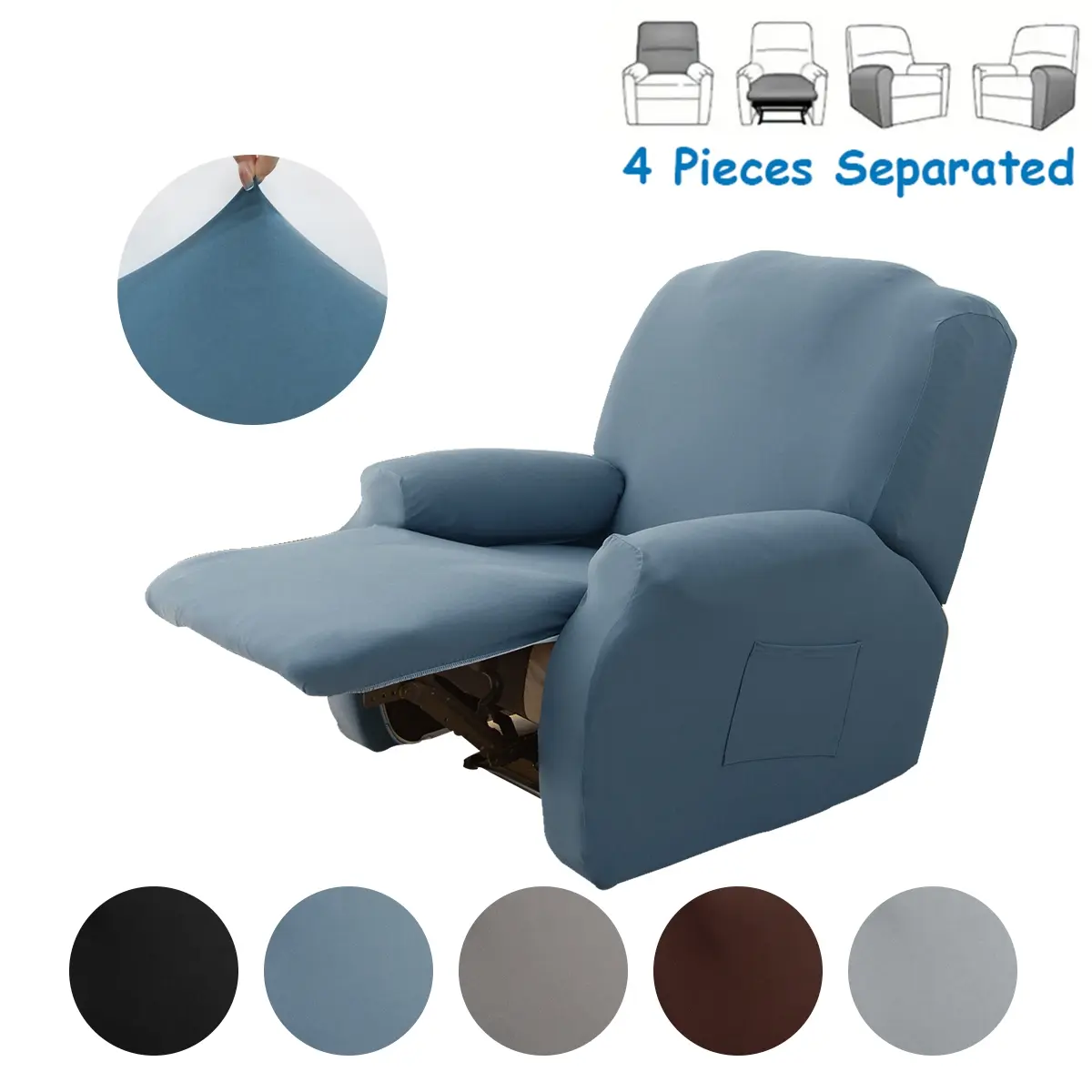4 Piece Set Pure Color Recliner Covers, Stretchable Sofa Cover, Easy Clean Single Seat Protector, Couch Protection, Chair Loveseat Slipcover, Elastic Furniture Protector, Dustproof Sofa Protector