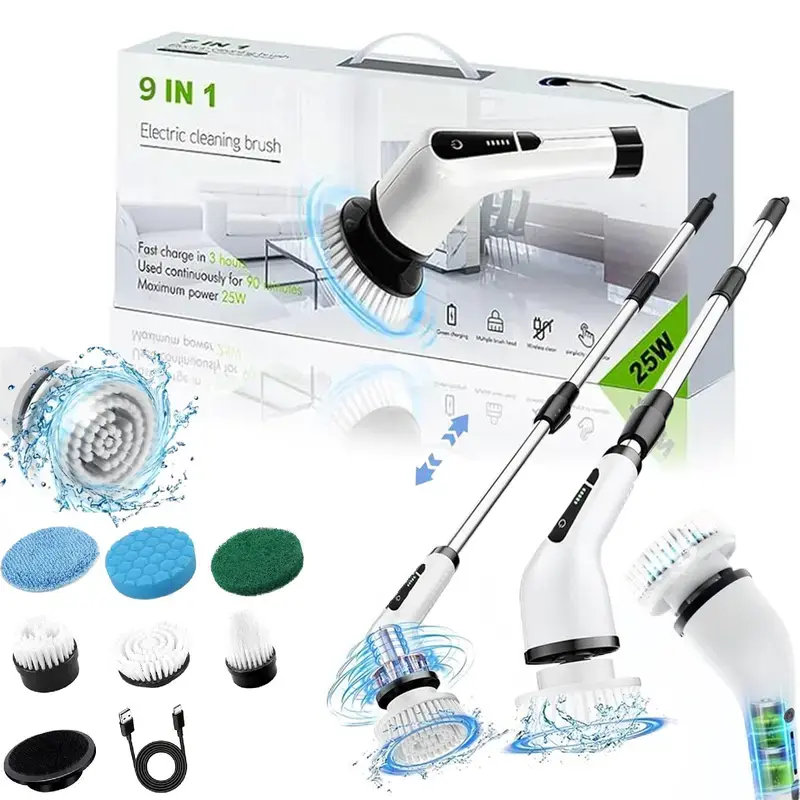 2026 Upgraded Spin Scrubber Brush， Battery with Extra-Long Runtime, IP65 Waterproof Power  with 9 Brush Heads, 2 Speeds Adjustable Long Handle for Bathroom, Floor, Shower, Upgraded Spin Scrubber Brush for Mother’s Day Gift SummerVibes  electric bathtub
