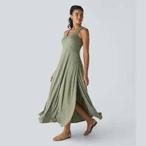 Halara U Neck Backless Split Flowy Maxi Casual Tank Dress