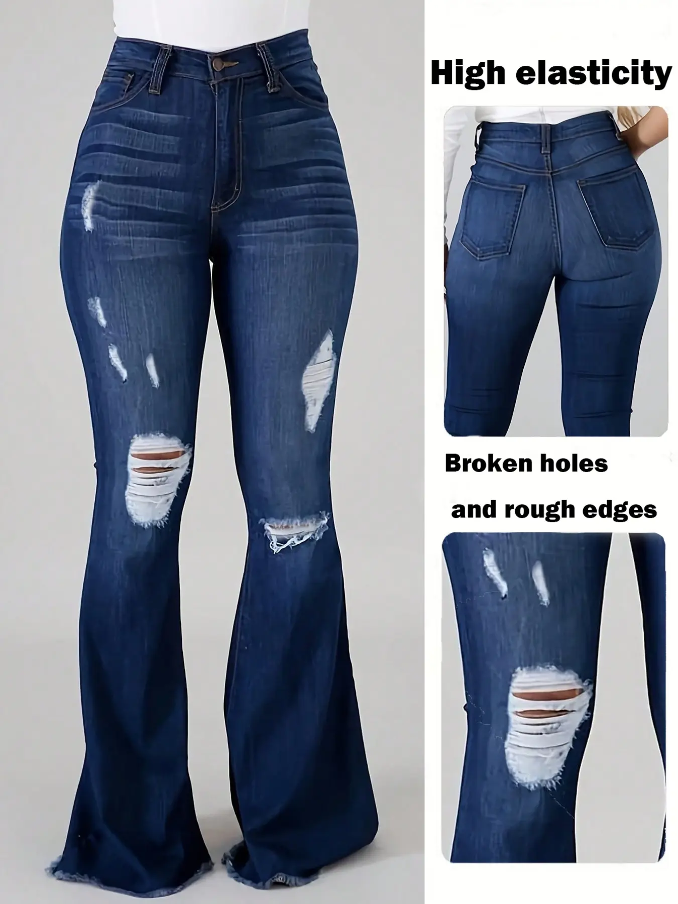 Casual Fashion Women's Distressed Hem High Stretch Denim Long Pants, Comfortable Ripped Jeans for Everyday Wear, Trendy Style for Modern Ladies, Distressed Ripped Design