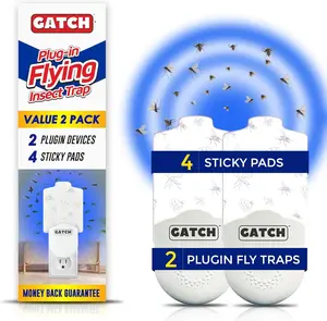 Flying Insect Trap Mosquito Killer Indoor, Fruit Fly Trap (2 Plug-in Bases + 4 Sticky Pads) Gnat Moth Catcher Fly Tapper with Night Light UV Attractant Catcher for Home Office White