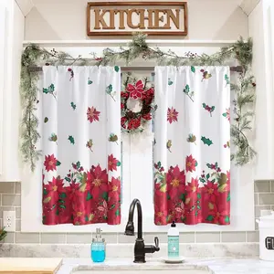 Christmas Kitchen Curtains, Red Poinsettia Plaid Farmhouse Thermal Short Curtain for Small Windows, Cortinas De Navidad para Cocina, 45 Inch Length