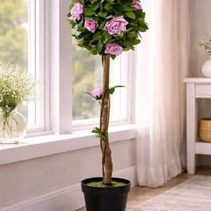Rose Tree 35.4 in Artificial Rose Topiary with Pink Blooms and Green Leaves in Black Pot for Home Decor