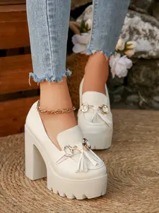 Girls' Deep-V High Heel Single Shoe, Waterproof Platform Thick Sole Mary Jane Small Leather Boots, Comfortable Loafers for Back-To-School Season Elegant