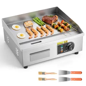 【Summervibes】VEVOR Commercial Electric Griddle, 17.72 x 11.81 inch, 1750W, 122-570°F Adjustable Temp Control, Stainless Steel Countertop Flat Top Grill with 2 Spatulas, 2 Brushes, and 4 Foot Pads, for Steak