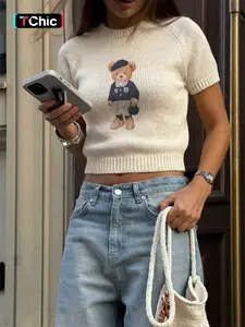 Women's Round Neck Preppy Bear Print Cropped Slim Fit Cute Casual Summer Short Sleeve Knit Top, Womenswear, Versatile for Street, Vacation, Home, Commute