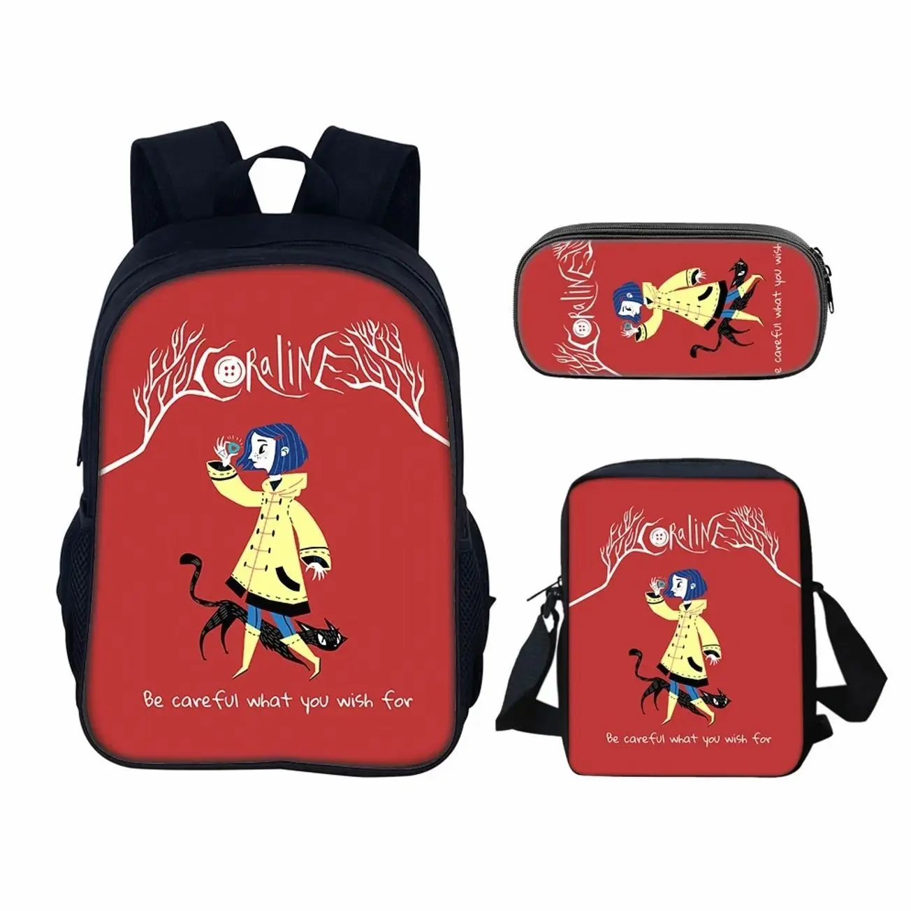 Cute Spooky Button Eye Girl 3-in-1 Bookbag Set | Ergonomic Student Backpack Insulated Lunch Bag Pencil Case | Kids School Gift