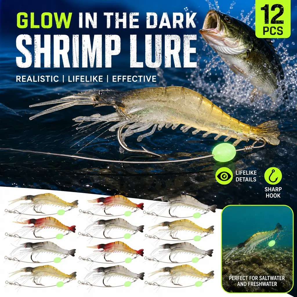 Soft Fishing Lures Set - Shrimp-Shape Luminous Bait with Sharp Hooks, Lifelike Design, for Jewfish, Flounder, Flathead, Saltywater and Freshwater Use, Viral Tackle