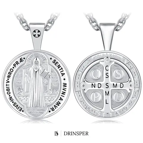 DRINSPER S925 Sterling Silver Cross Relief Saint Benedict Medal Non Tarnish Necklace - Hypoallergenic Unisex Jewellery Pendant, Adjustable Chain, Classic Spiritual Daily Wear, Thoughtful Faith Gift for Adults (Birthday, Anniversary Tarnish Proof Jewelry)