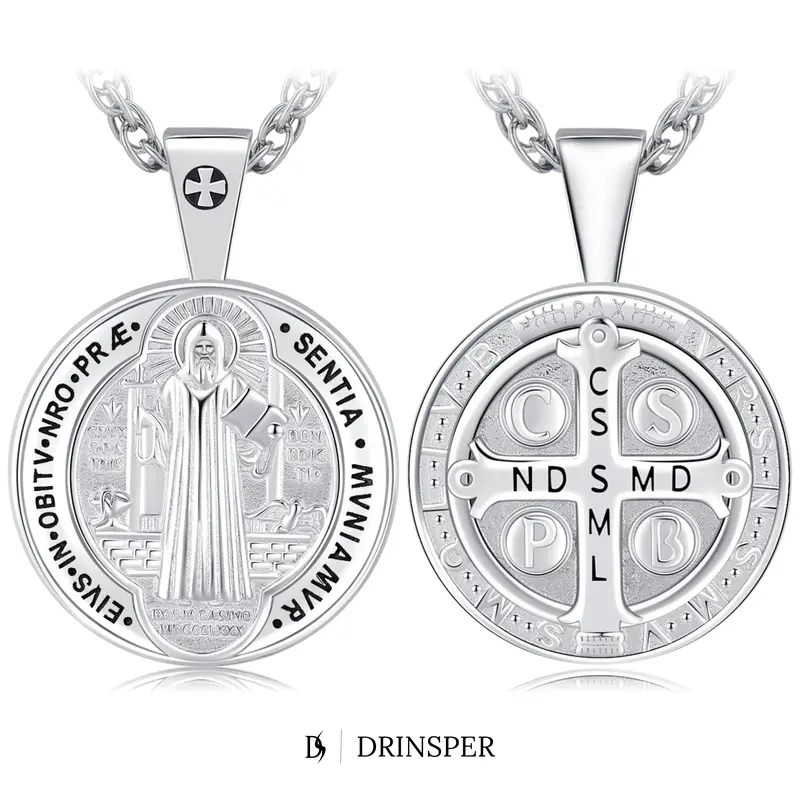 DRINSPER S925 Sterling Silver Cross Relief Saint Benedict Medal Non Tarnish Necklace - Hypoallergenic Unisex Jewellery Pendant, Adjustable Chain, Classic Spiritual Daily Wear, Thoughtful Faith Gift for Adults (Birthday, Anniversary Tarnish Proof Jewelry)
