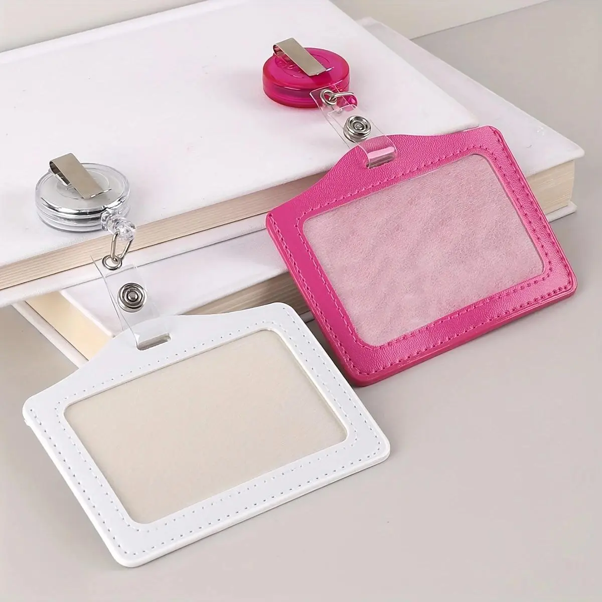 2-Pack PU Leather ID Badge Holders for Men and Women, Horizontal Card Holder for Office, School, Bus & Hospital Access, Badge Reels