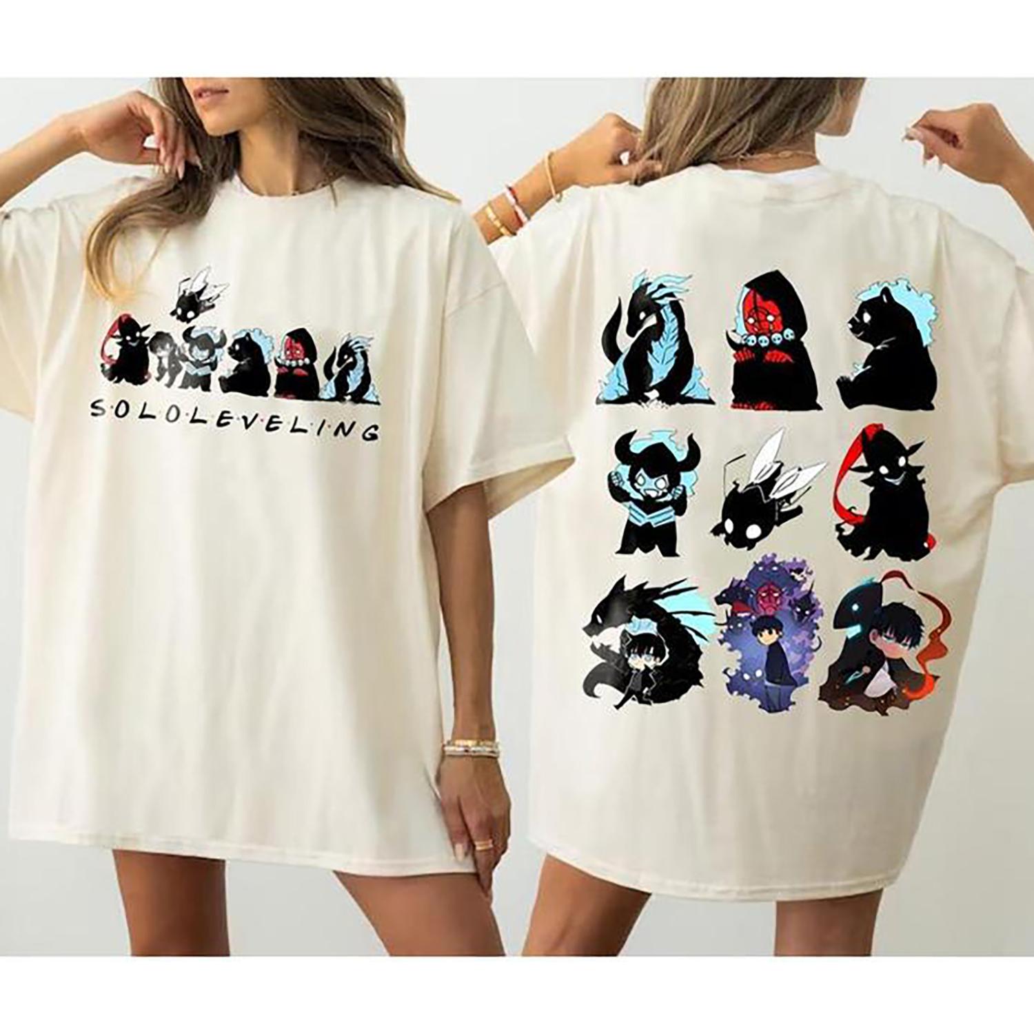 Women’s Cotton Crew Neck Short-Sleeve 2-Sided Tshirt – Casual Streetwear Solo Leveling x Friends Graphic Top with Sung Jinwoo Shadow Ruler Chibi, Beru, Greed, Igris, Iron Jima, Kaisel, Shadow Giants Designs (Women’s Clothes)