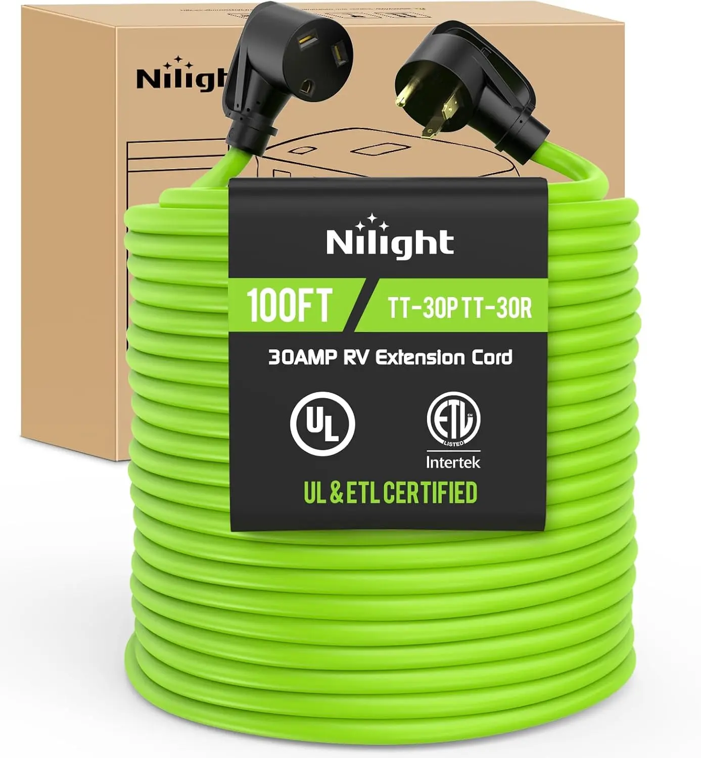 Nilight 100ft 30A RV Extension Cord - 100 ft Tangle-Free Reel, 125V Heavy-Duty 10/3 Gauge Pure Copper STW Wire, UL ETL Listed 3-Prong TT-30P TT-30R, Weatherproof for Camper, Trailer, Generator, Backyard Power Stations, 30 Amp