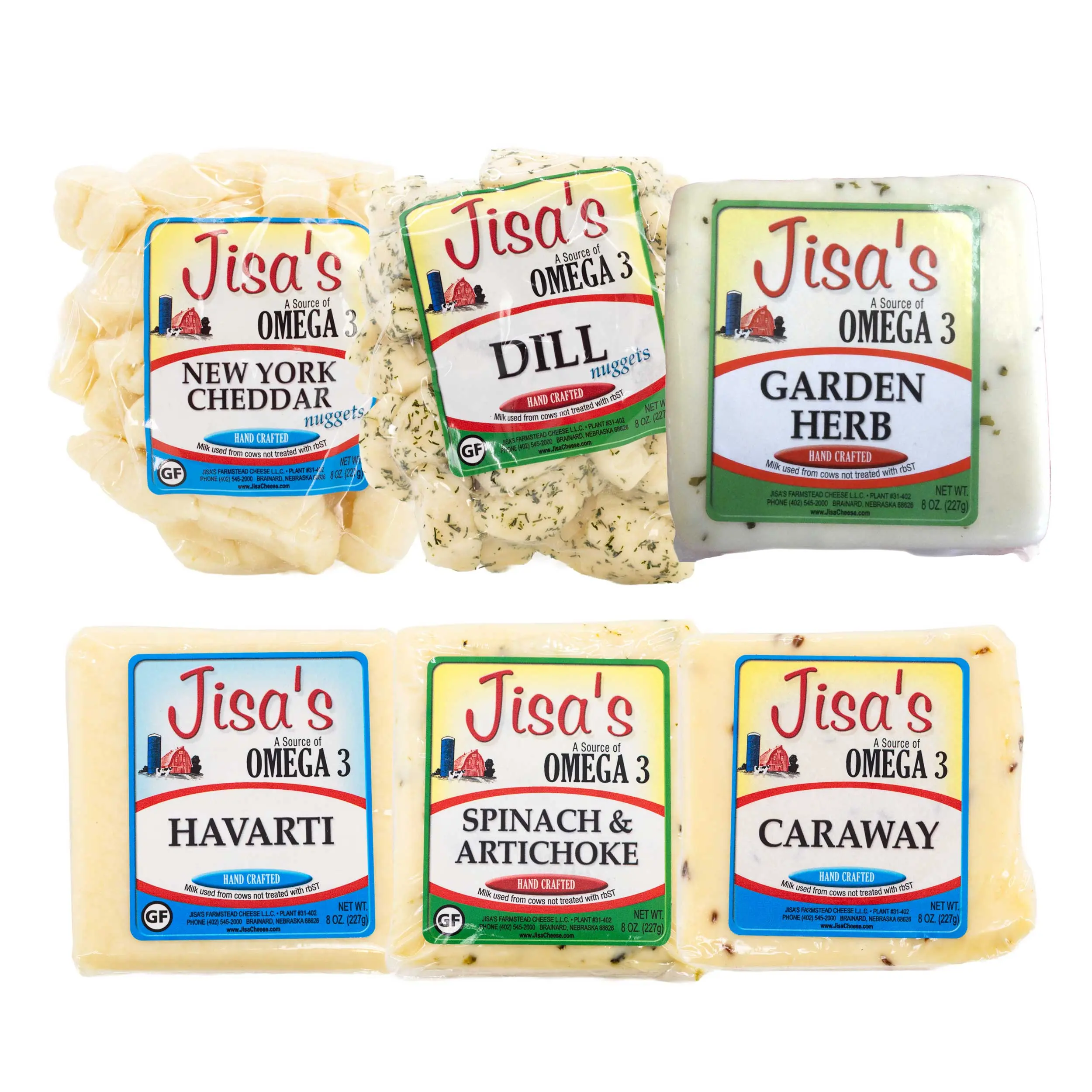 Cheese 6 Piece Sampler | Cheddar, Garden Herb, Havarti, Spinach & Artichoke, Caraway, Dill | Jisa's Farmstead Cheese