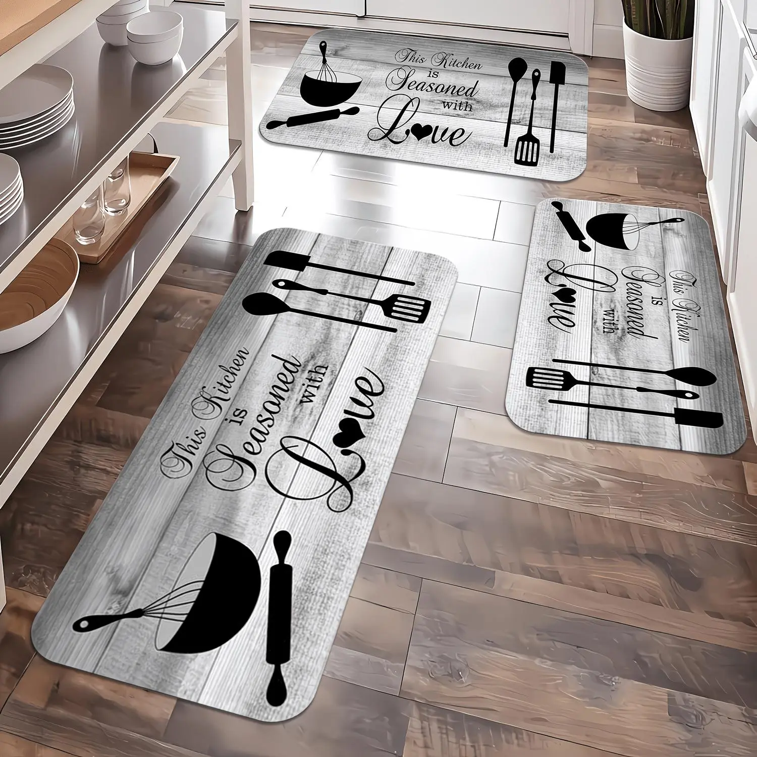 Grey Wood Grain Kitchen Letter Design Mats, Spring-Summer Outdoor Theme, Fade-Resistant Kitchen Mat, High-Quality Flannel Pads, Soft Cushioning Mat, Living Room Bedroom Mat, Quick-Dry Washable Rugs for Kitchen Hallway Bathroom Laundry
