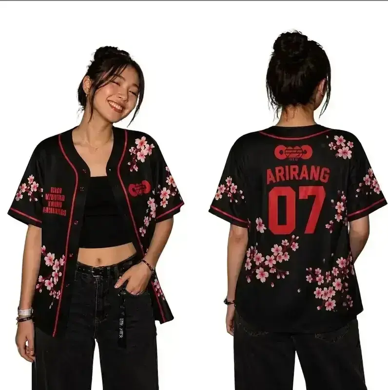 Unisex Black Cherry Blossom Baseball Jersey Arirang 07 Floral Graphic Button Down Shirt Short Sleeve KPop Fan Concert Summer Outfits