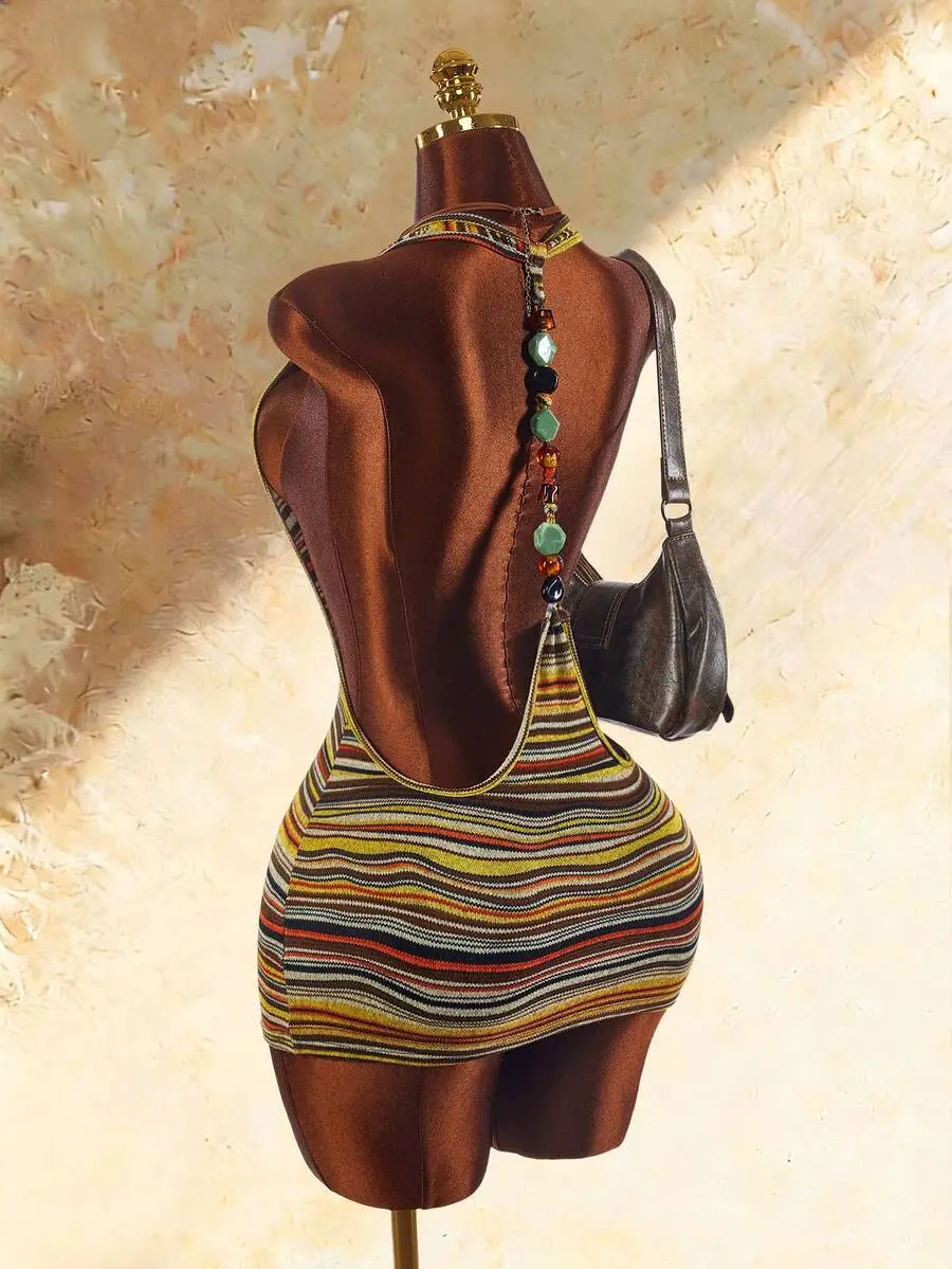 SHAWIX Women's Beaded One-Piece Swimsuit, Halter Neck, Backless, Sexy & Avant-Garde, Suitable For Vacation Wear