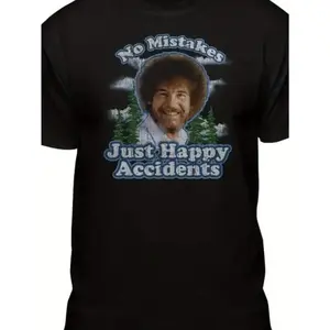 Super Bob Ross Inspired 'No Mistakes, Positive Vibes' Men'S T-Shirt - 100 Cotton, Short Sleeve, Crew Neck, Casual Fit for All Seasons