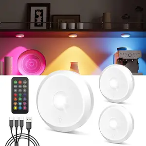 Rechargeable Color Changing Puck Lights with Remote, 2400mAh Battery Touch Light Magnetic Push Tap Lights Wireless RGB LED Under Cabinet Lighting, Sitck On Magnetic Shower Light for Bathroom, Kitchen Counter, Closet, Classroom, Book Shelf