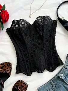 Women's Random Pattern Lace Up Sleeveless Shapewear Tube Top, Elegant Contrast Lace Corset Top, Tummy Control Shapewear for All Seasons