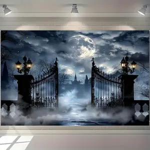 1pc Halloween Gothic Castle Full Moon Night Party Backdrop - Hazy Graveyard Gate Theme, Durable Plastic Material, No Electricity Needed, Perfect for Halloween & Christmas Wall Decor, Spooky Party Decoration, Hallo