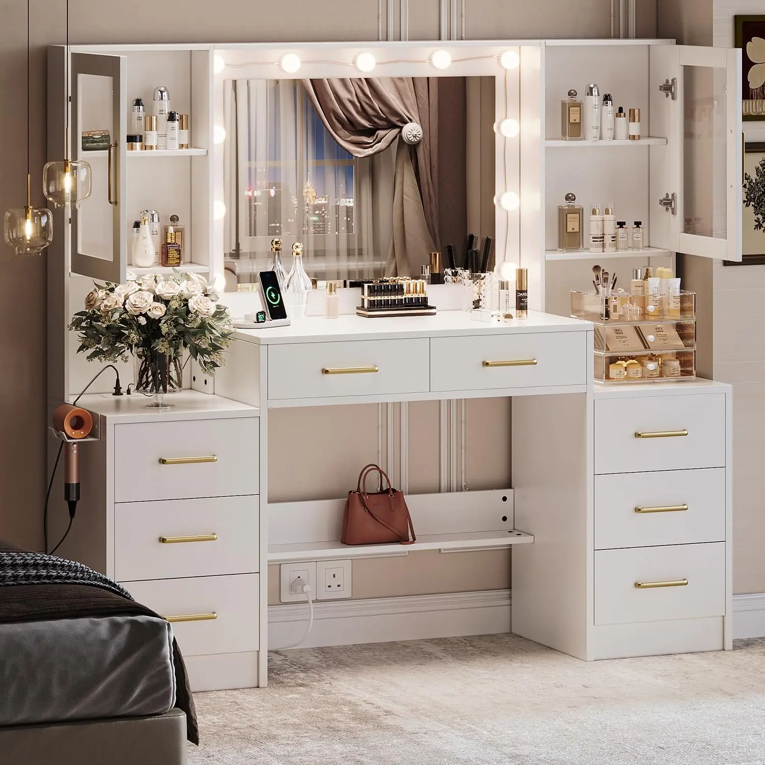 58.3" Width Lighted Vanity Desk with Replaceable Lights, Charging Ports, 8 Drawers, 2 Cabinets & Charging Station, Bedroom Indoor Makeup Vanity Set (Without Stool), Lighted Vanity Table, Dresser Organization