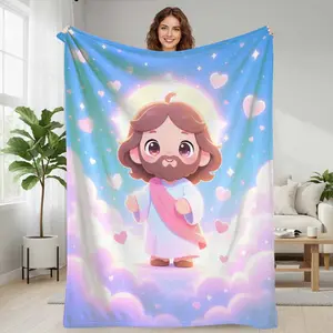Adorable Jesus flannel blanket  heartwarming divine love heart pattern  ultra soft plush  cozy  warm  perfect for living room  bedroom  spiritual decor  thoughtful gift for friends  family  or personal comfort. summerwins