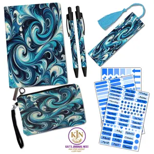 Celestique Marble Print Cozy Add‑On Bundle – Personalized PU Leather Journal with Pens, Bookmark, Stickers & Linen Pouch  Kat’s Journal Nest