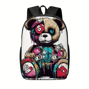 Adult-sized trendy graffiti bear backpack |   Large capacity backpack with zip closure, fun dollar sign pattern, available in brown, black, blue, and green. A must-have for commuting, travel, and everyday use.