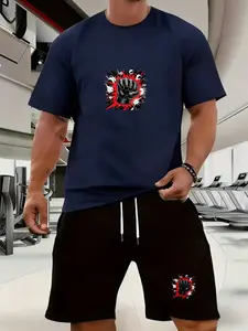 Men's Casual Set High Stretch T-Shirt + Elastic Waist Shorts Comfortable Unbound Fit Short Sleeve Loose-Fitting