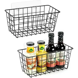 2 Pack Hanging Kitchen Baskets Adhesive Wire Wall Storage Basket No Drilling Hanging Fruit Baskets Cabinet Door Organizer for Kitchen Bathroom Pantry Upgrade Super-sized Adhesive