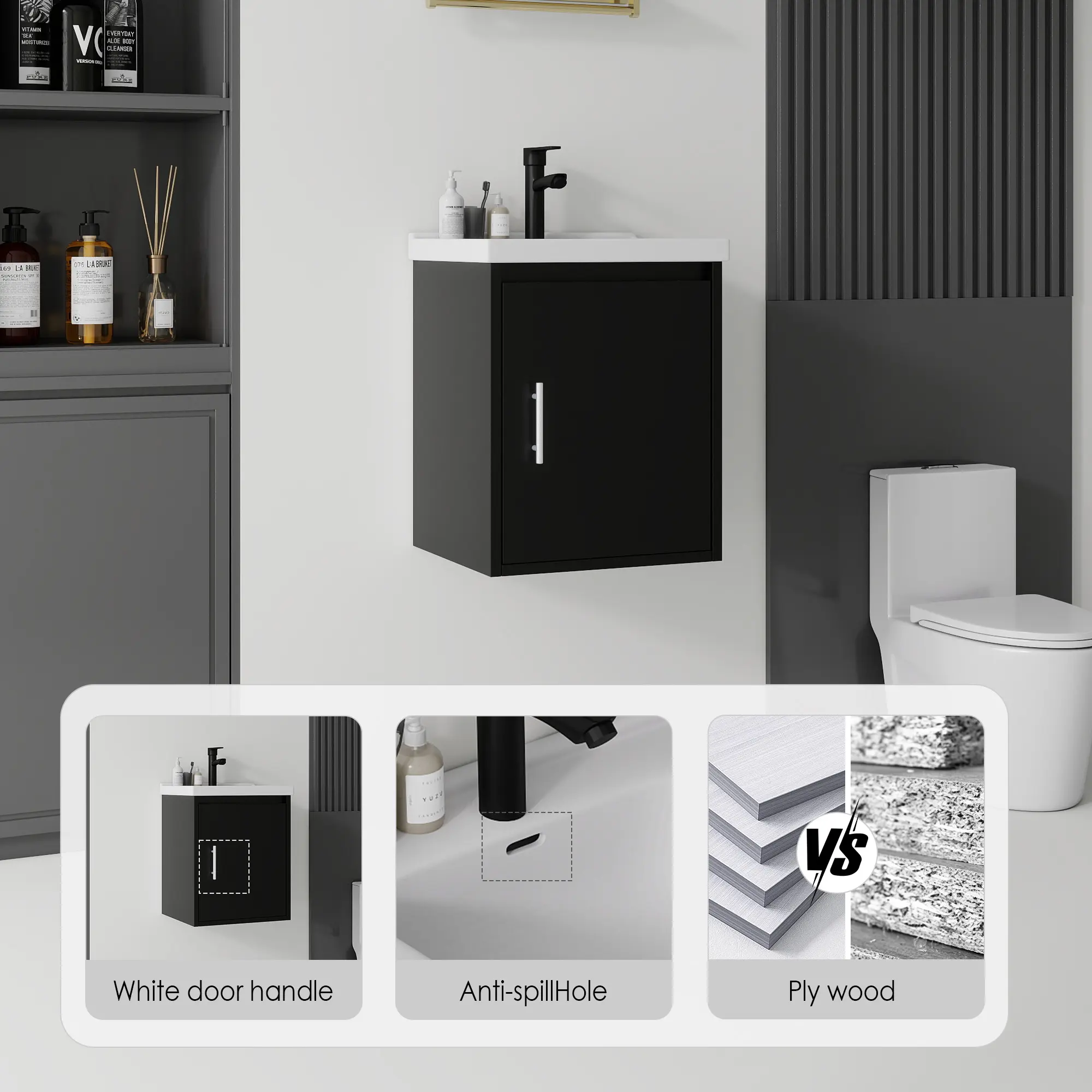 16-Inch Modern Square Floating Bathroom Vanity with Ceramic Sink, Soft-Close Door, Plywood Construction, Satin Black Finish