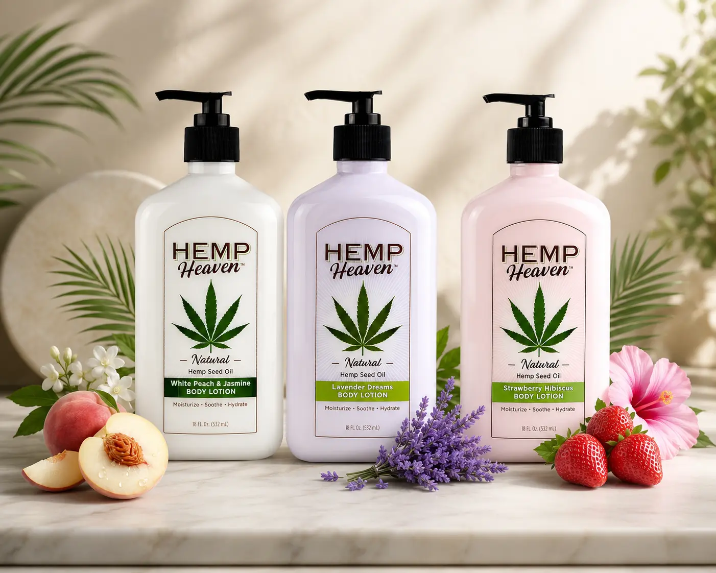 Hemp Heaven Body Lotion Bundle of 3 – Natural Hemp Seed Oil Moisturizer, White Peach & Jasmine, Lavender Dreams & Strawberry Hibiscus, Paraben-Free, EWG Verified, Anti-Aging Formula, 18 oz Each, Made in USA, for Men & Women